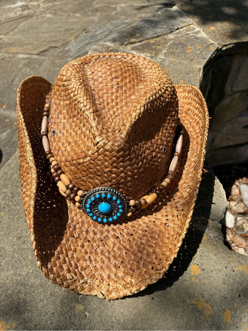 Peter Grimm Women’s Straw Western Cowboy Hat with Turquoise Beaded Concho